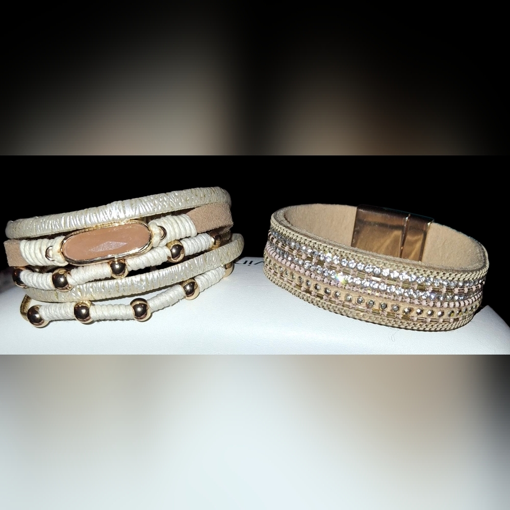 Pair Boho Leather Wrap Magnetic Bracelets In Tan, Cream And Gold EUC - Picture 1 of 12